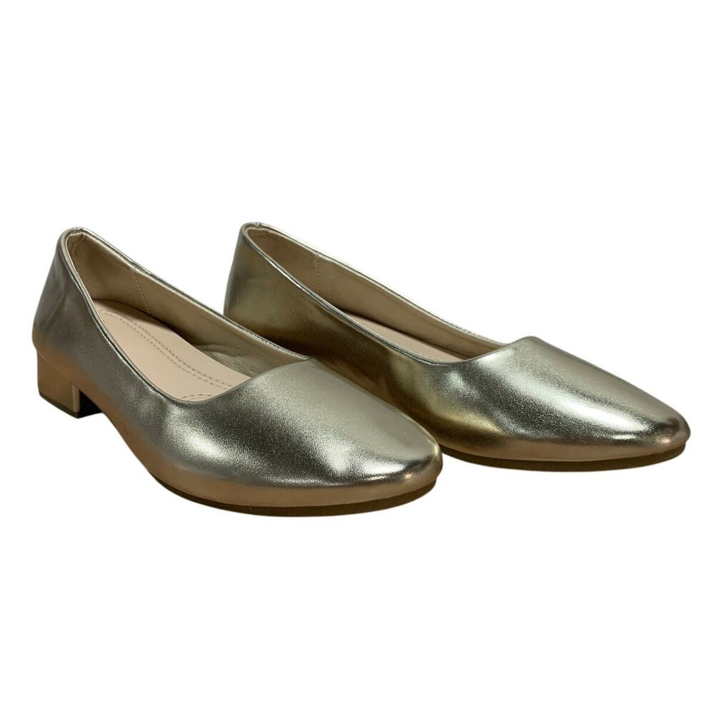 Jeekopeg Womens Size 9 Gold 1.25" Chunky Heel Round Closed Toe PU Leather Shoes